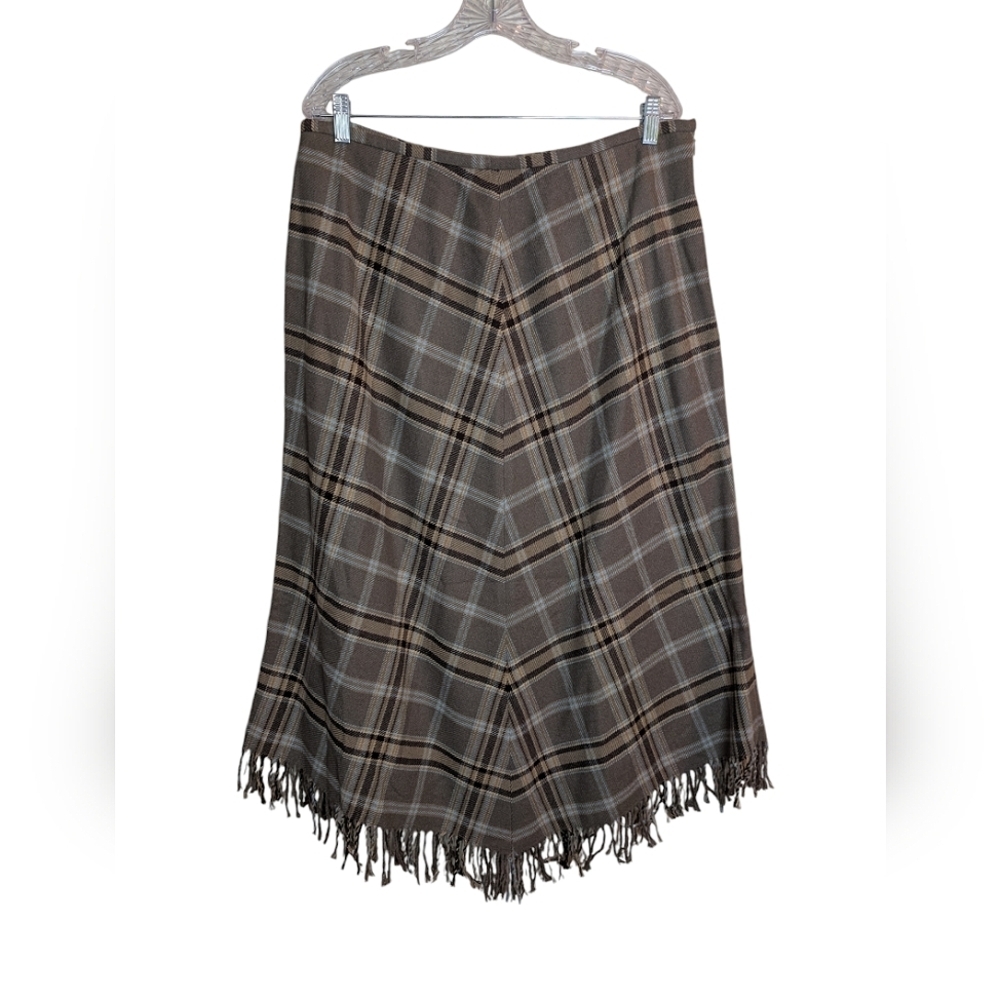 Charter Club plaid fringe maxi skirt wool blend brown and blue